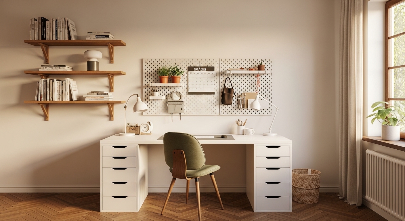 Complete budget IKEA home office setup with ergonomic chair and pegboard