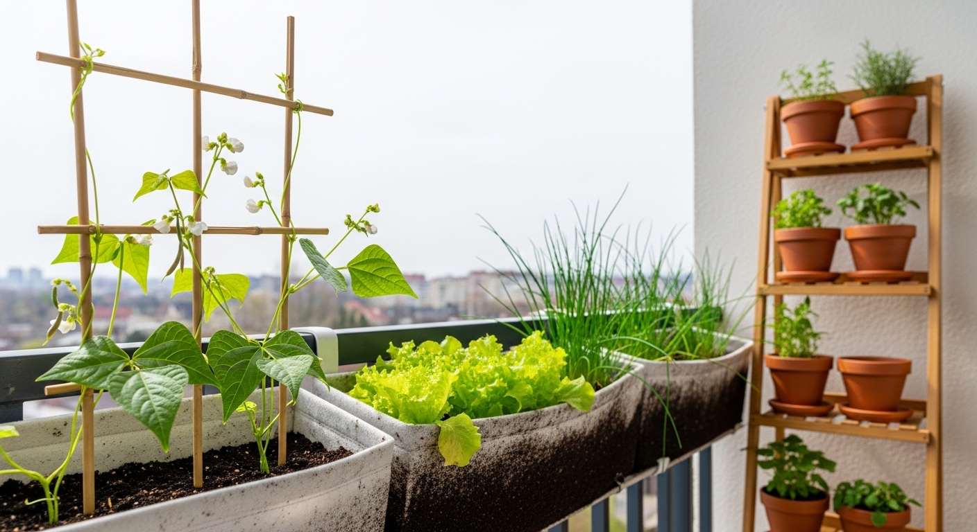 Balcony vertical garden with bamboo trellis, railing planters, and tiered herb stand