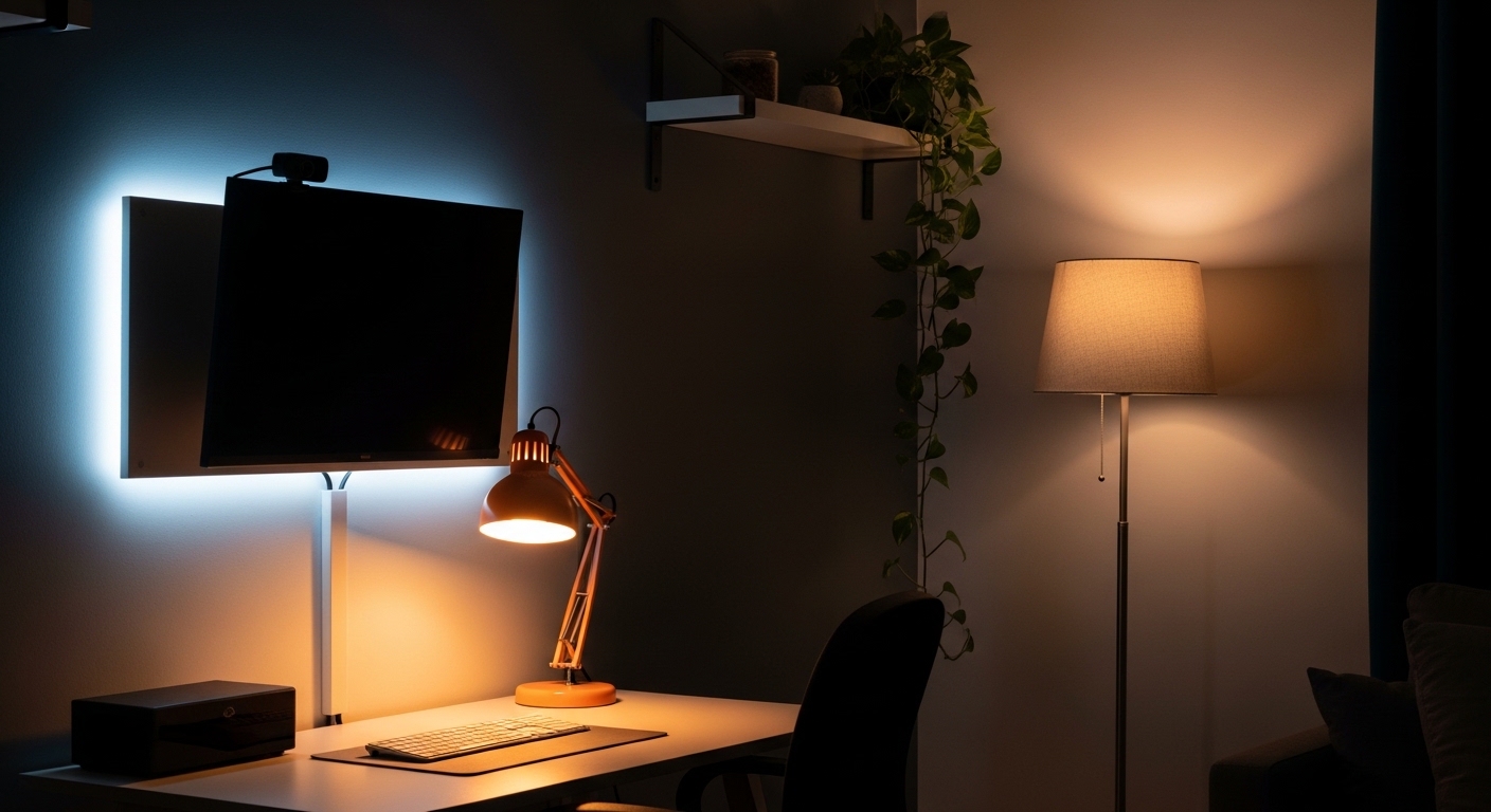 Cozy home office with layered warm lighting at dusk