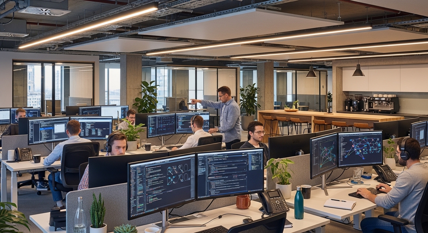 Software engineers working at standing desks in modern tech office