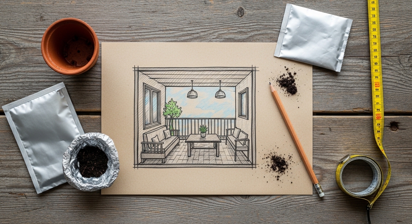 Overhead flat-lay of balcony garden planning sketch with seed packets and tools