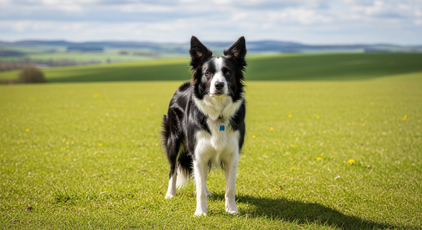 alert black and white Border Collie standing in green field