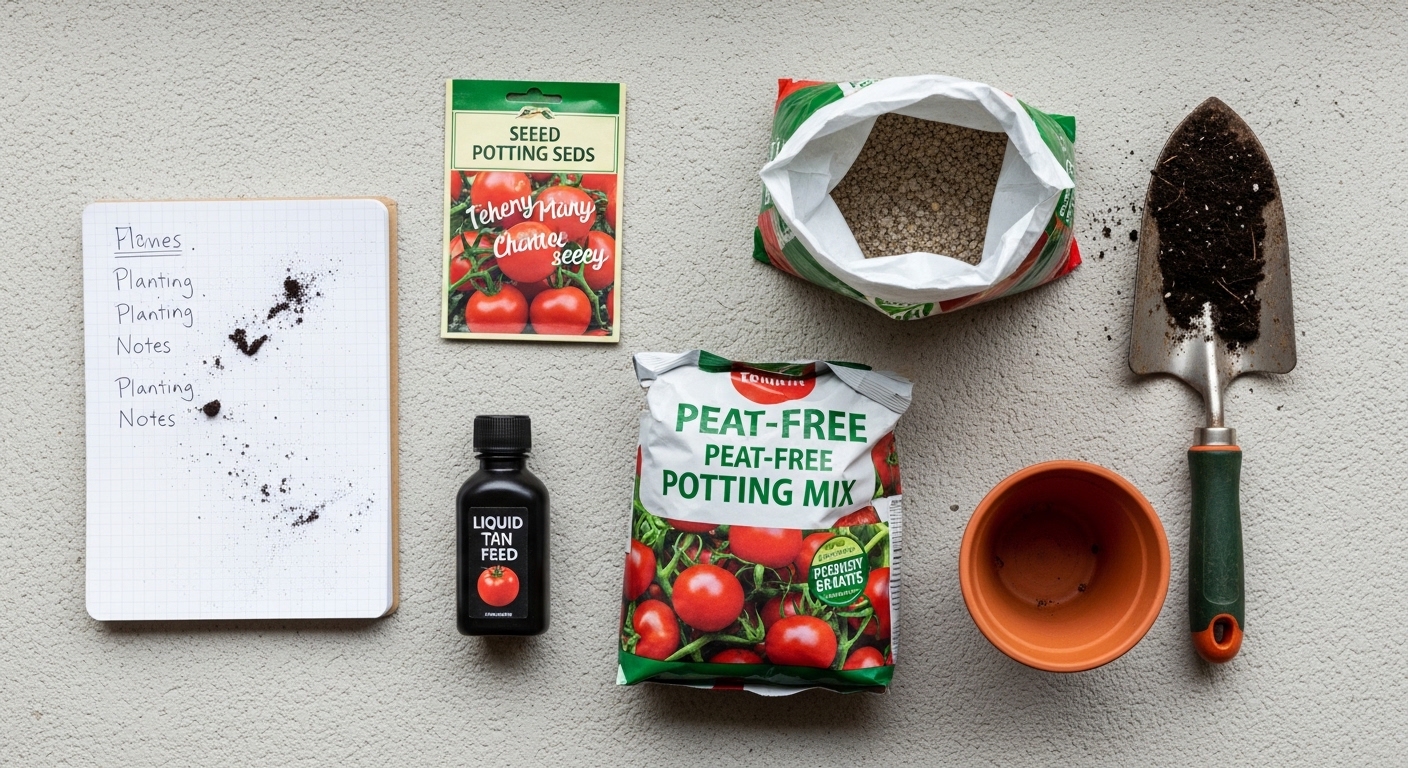 Flat-lay of beginner balcony garden starter kit with seeds, soil, and notebook