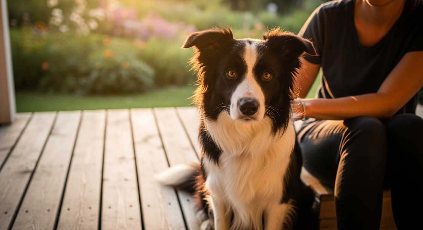 Border Collie sitting attentively beside owner on porch