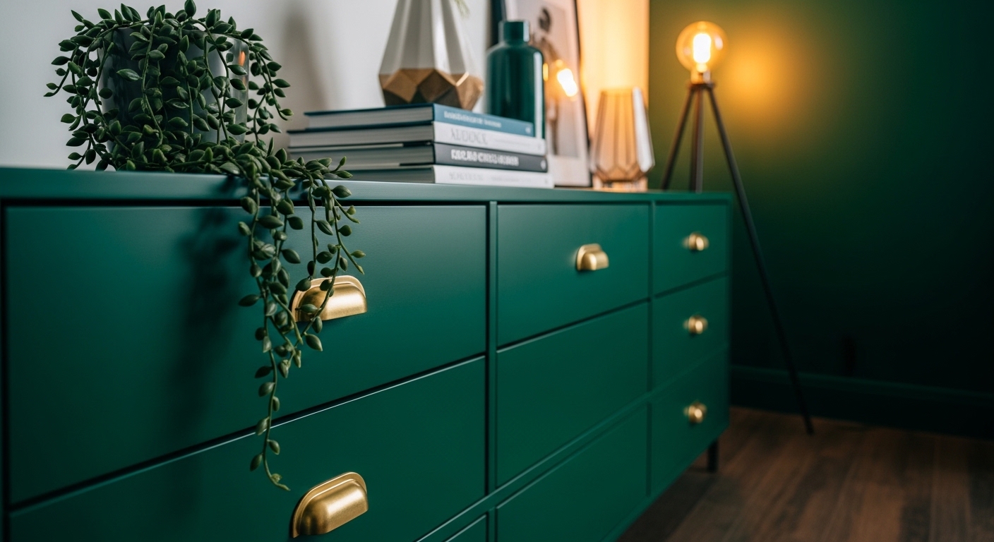 DIY-painted IKEA KALLAX in forest green with brass hardware