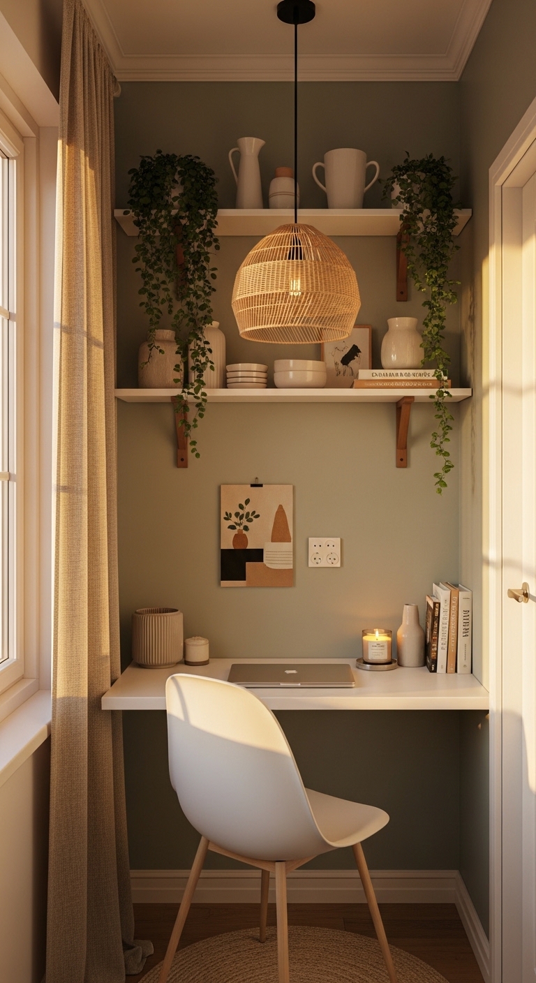 Dreamy budget home office nook with sage walls and rattan pendant lamp