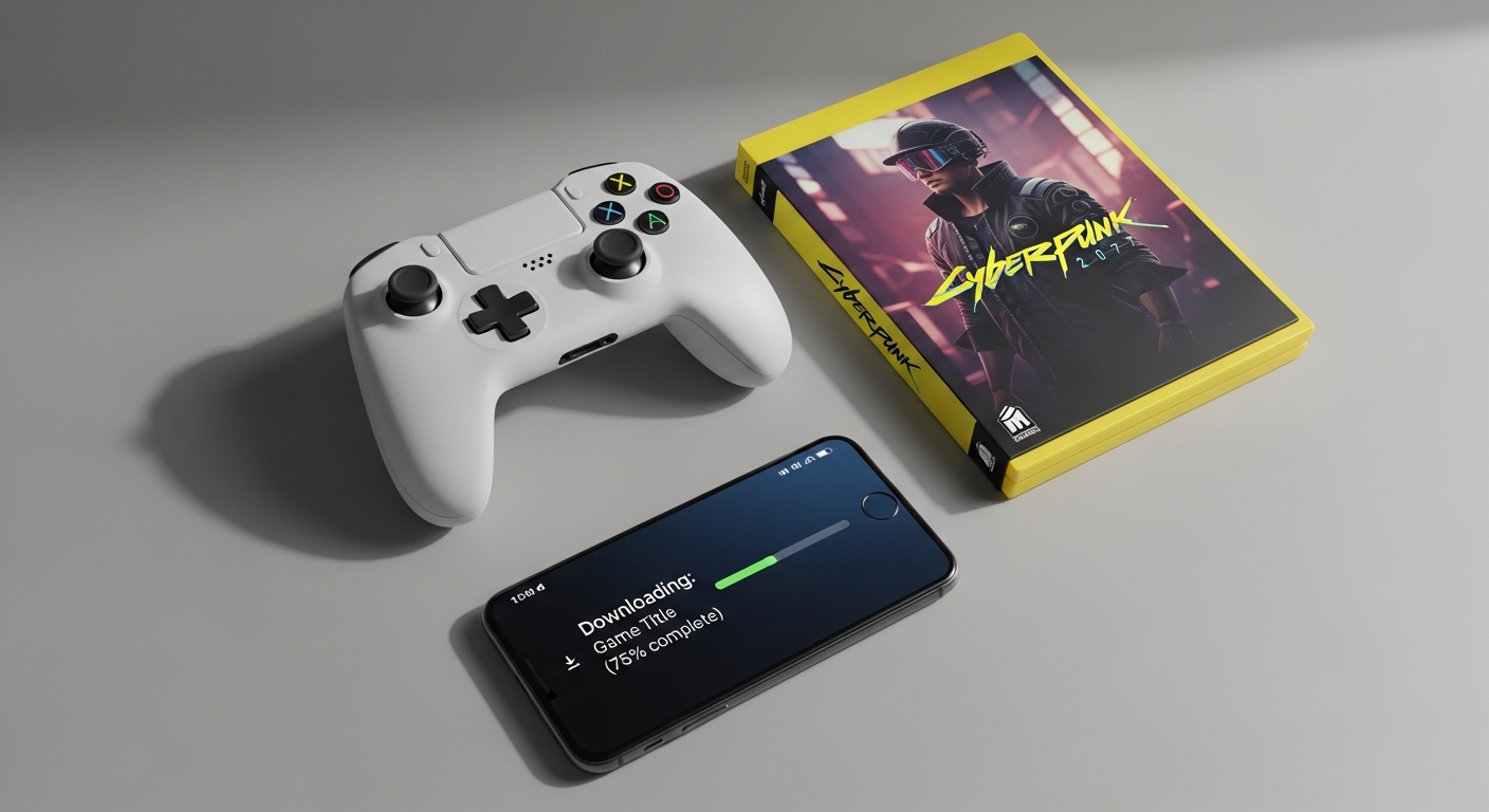 Overhead flat lay of game case, controller, and download notification