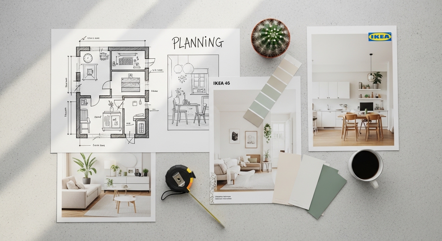 Overhead flat-lay of home office planning materials and mood board