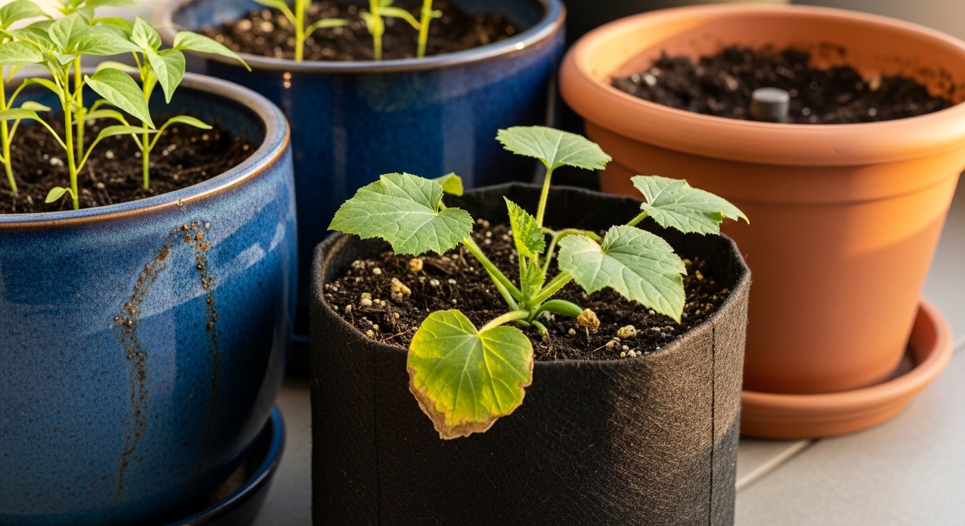 Fabric grow bag, ceramic pot, and terracotta container with balcony vegetables