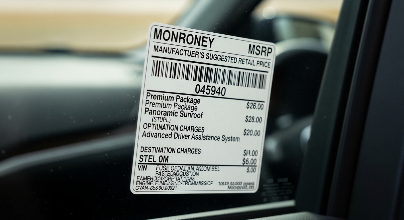 Close-up of vehicle window sticker showing price