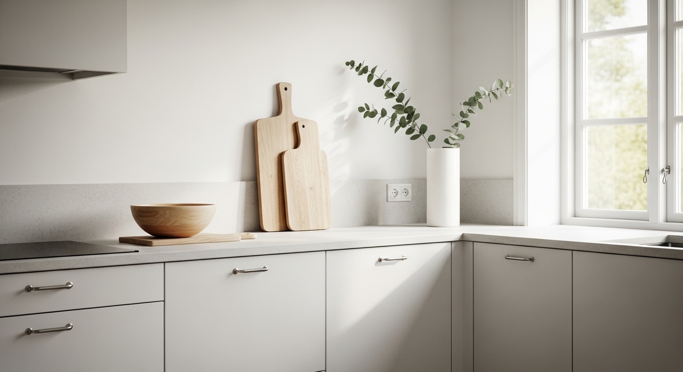 Scandinavian kitchen with wood objects and eucalyptus above white cabinets