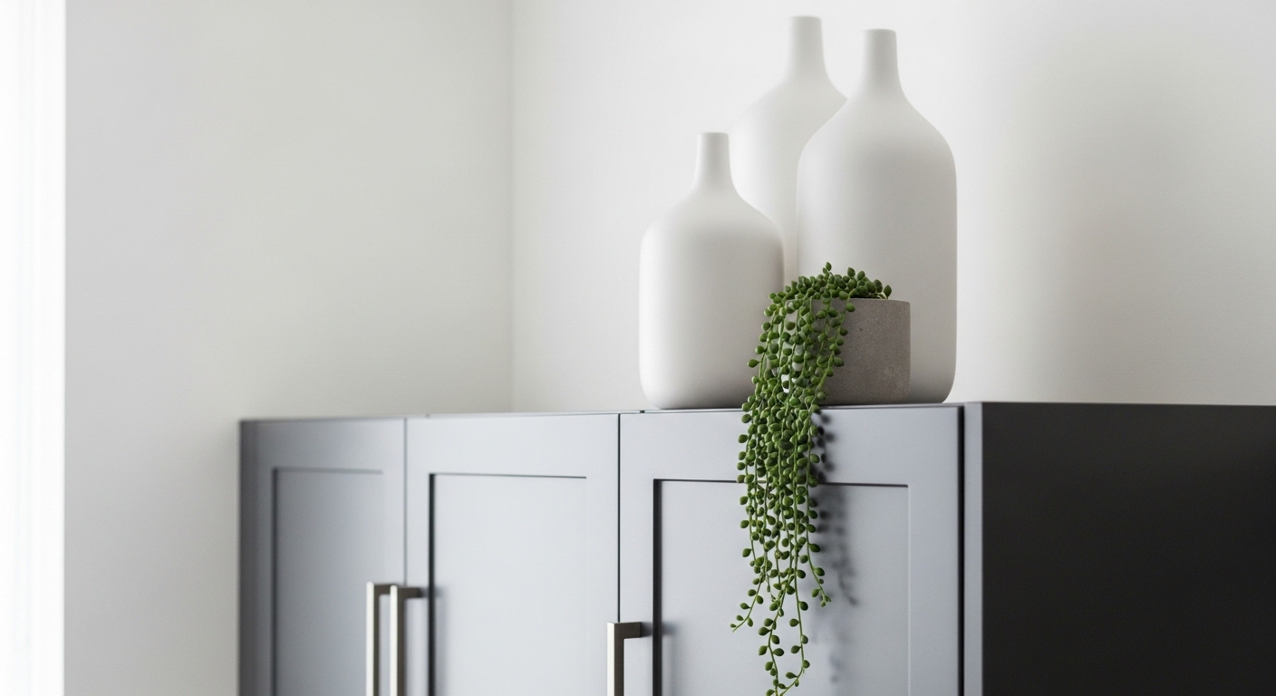 Minimalist above-cabinet vignette with matte ceramics and trailing plant