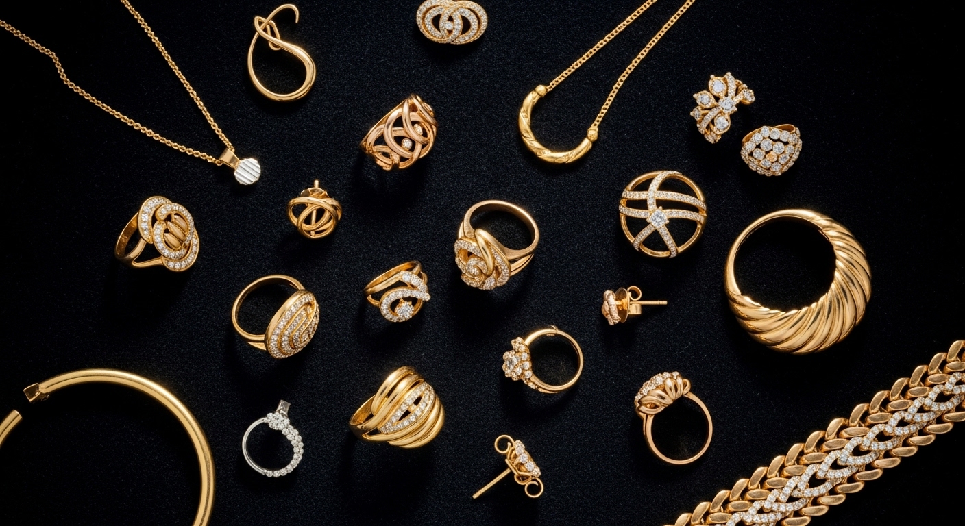 Overhead view of gold jewelry pieces in varying karat grades