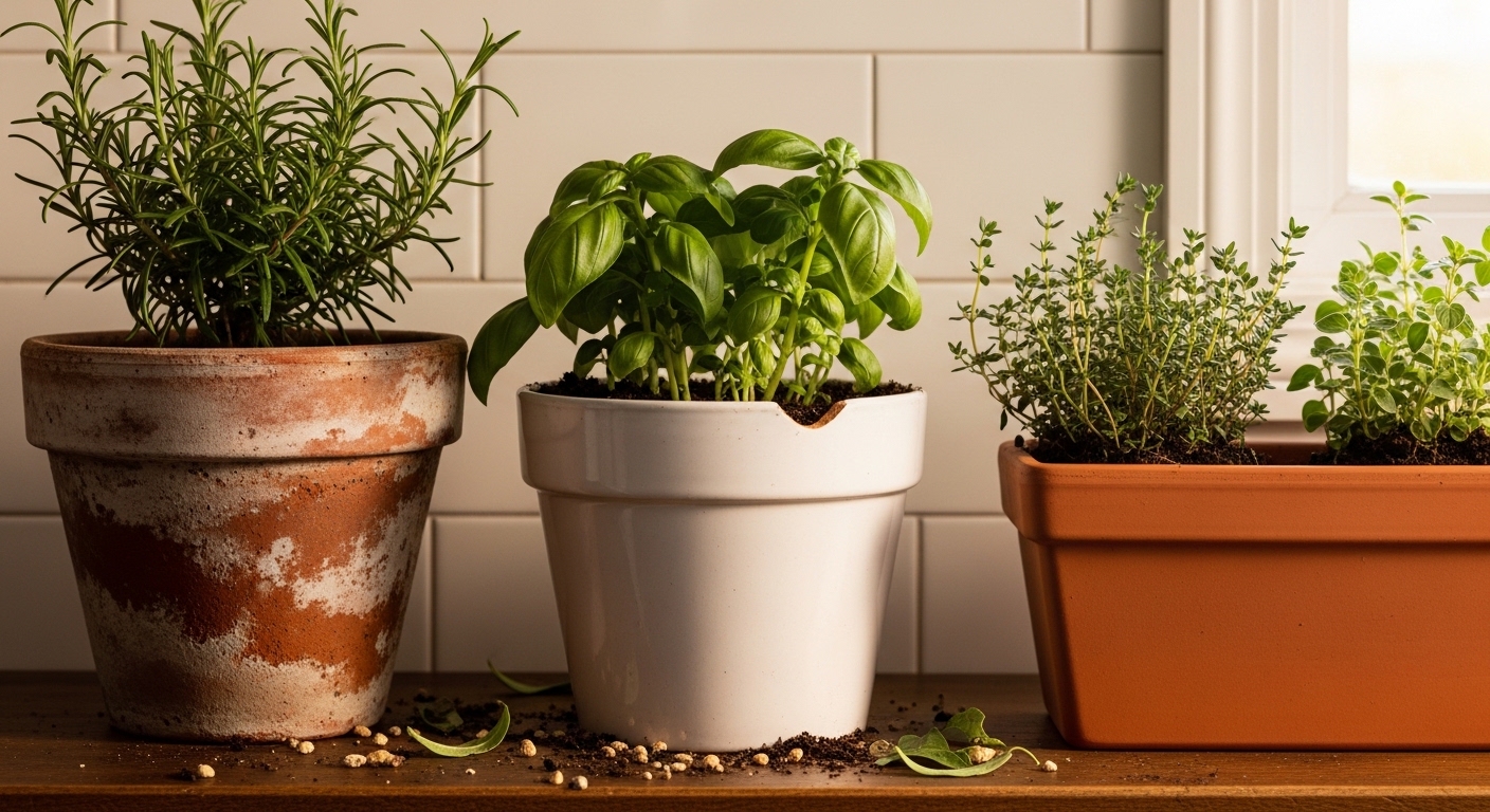 Three herb container types on a wooden kitchen shelf