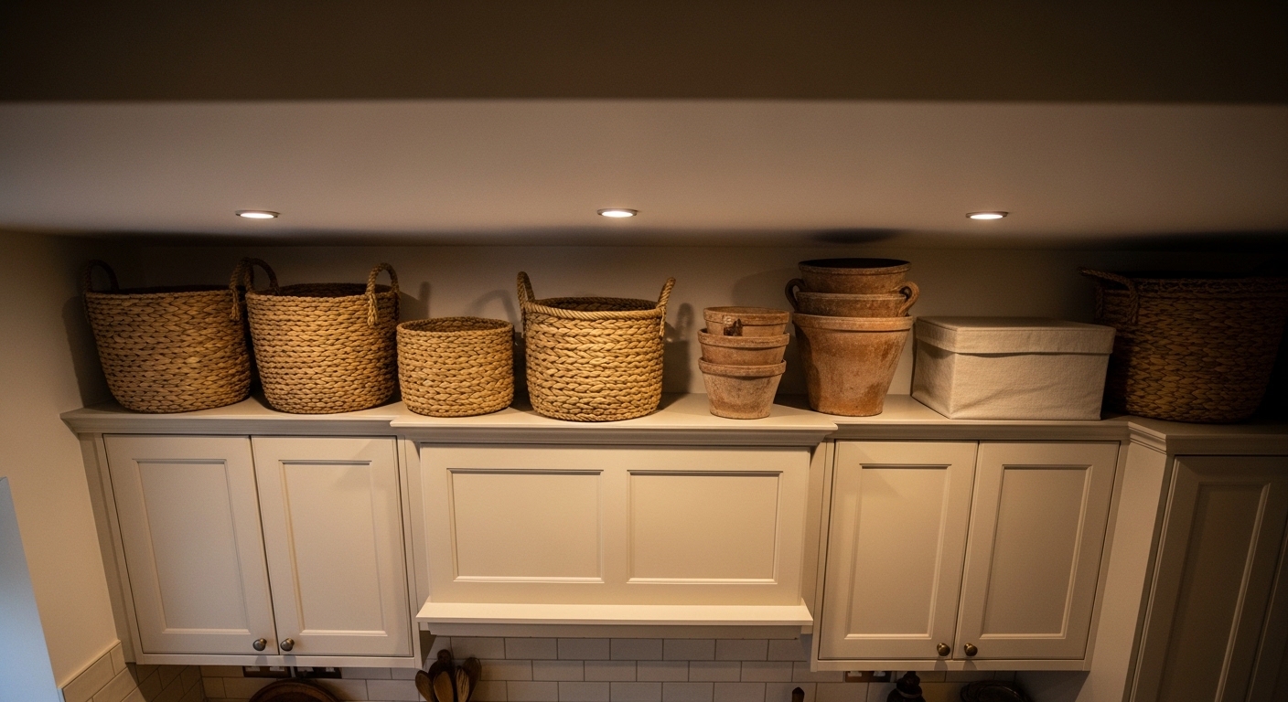 Neutral kitchen cabinets styled with seagrass baskets and terracotta pots