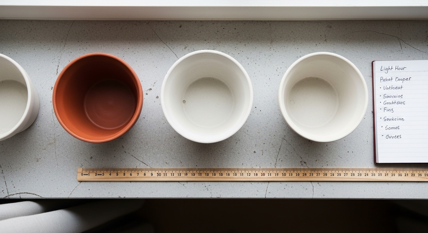 Overhead view of windowsill planning with pots and ruler