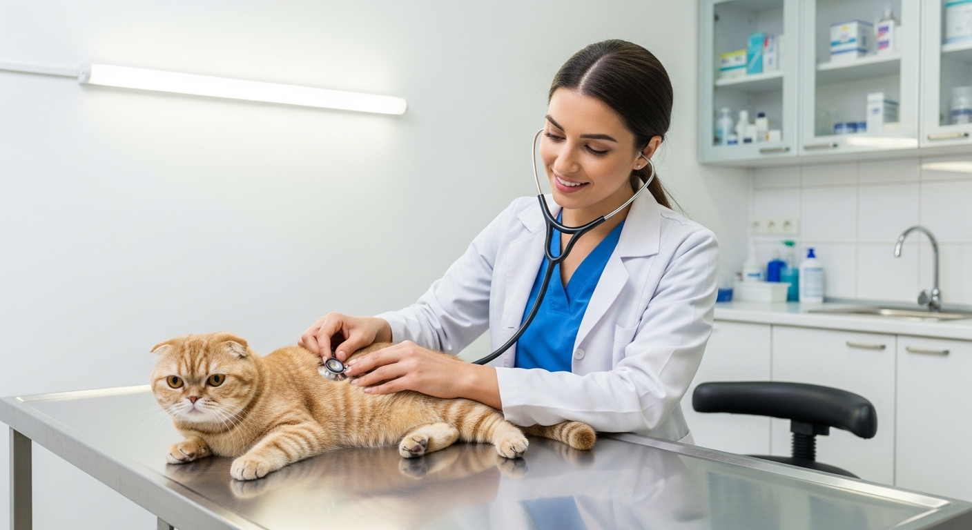 vet examining Scottish Fold cat on examination table