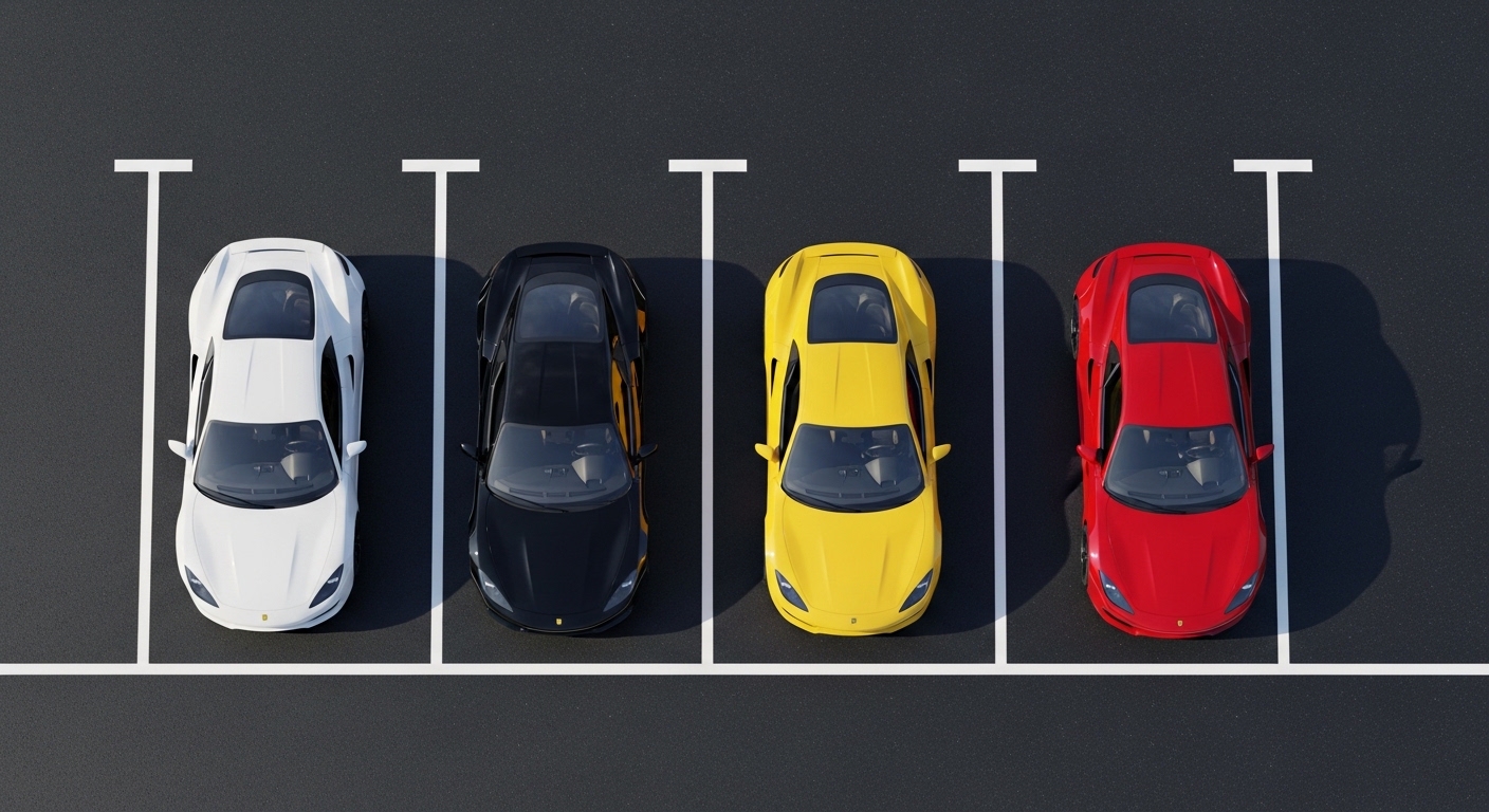 Four identical cars in different colors overhead view