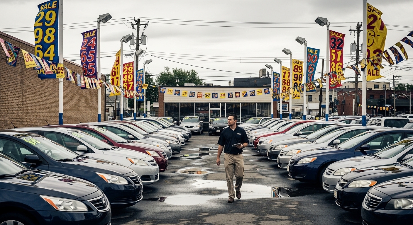 Used car lot with price banners and salesperson