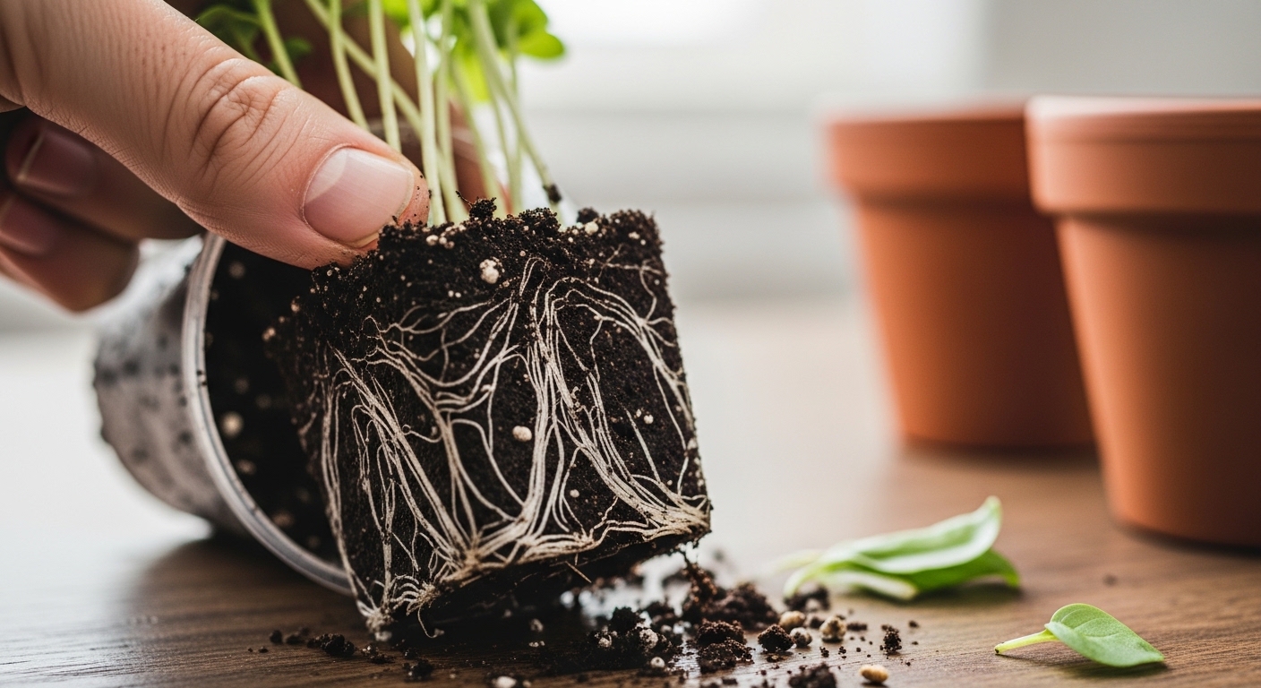 Hands separating crowded basil seedlings from a supermarket pot
