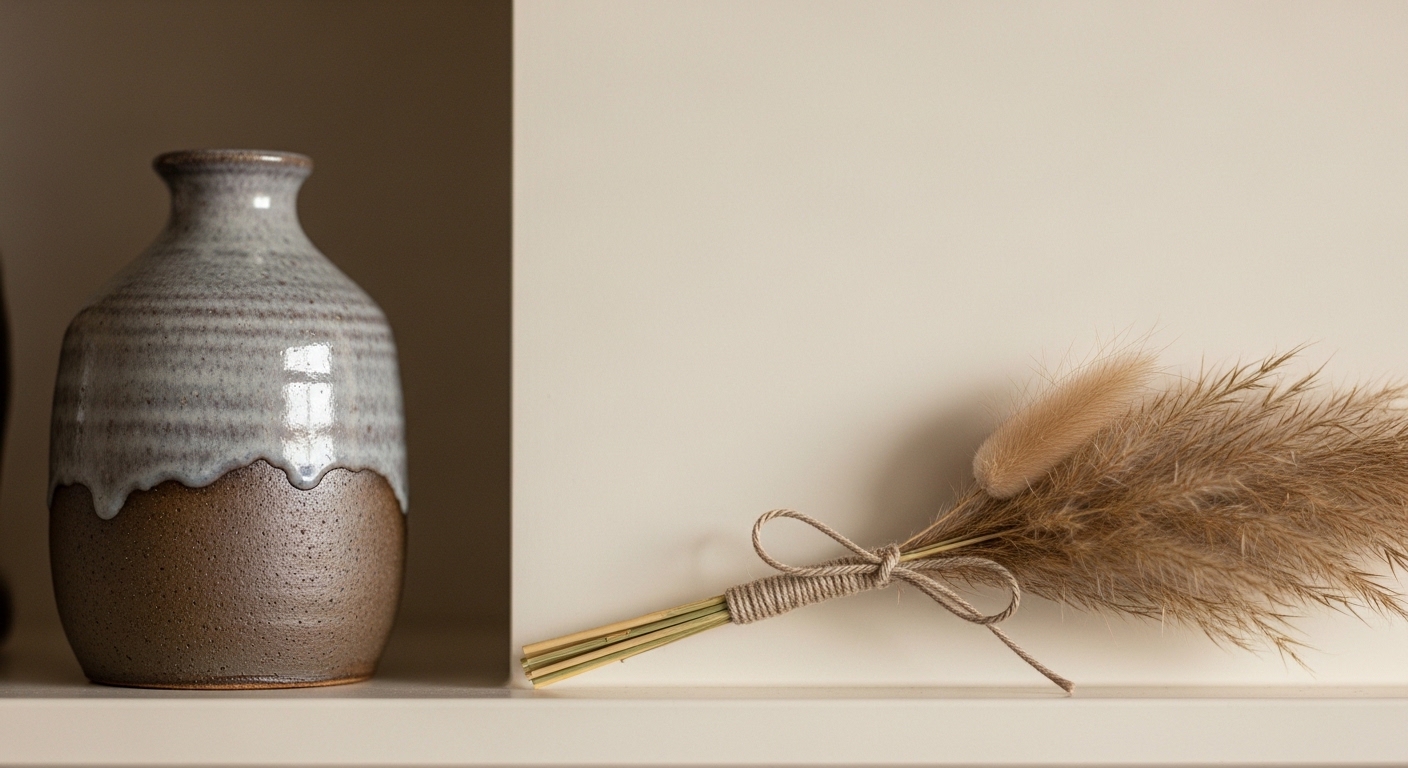 Japandi above-cabinet styling with handmade ceramics and dried pampas grass