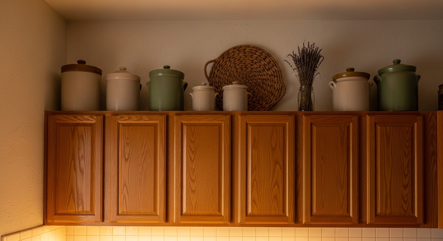 Budget-styled above-cabinet decor with thrifted ceramics and dried lavender at dusk