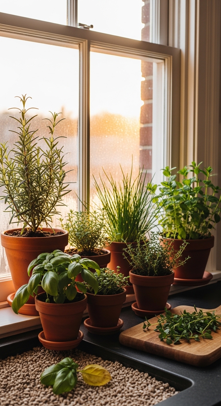 Windowsill herb garden in warm afternoon light with fresh harvest