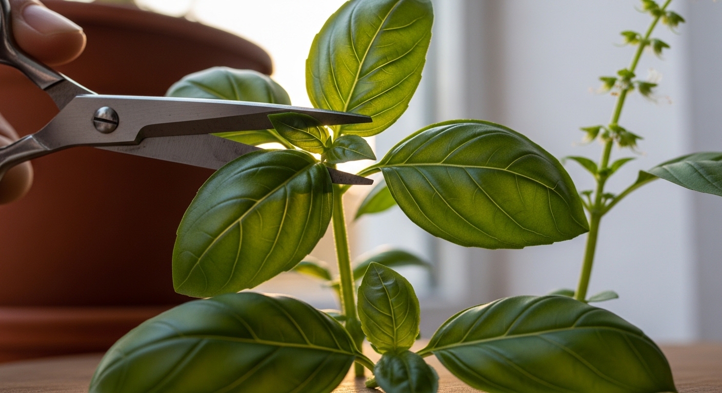 Scissors harvesting basil stem above a leaf node