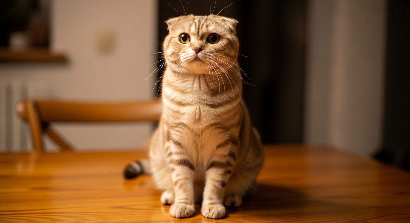 Scottish Fold cat sitting upright in meerkat pose on table