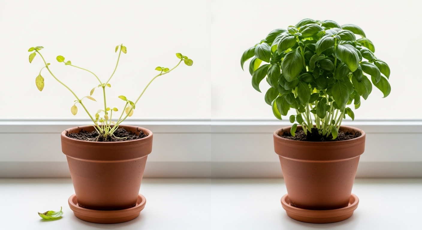 Leggy basil versus compact healthy basil side by side