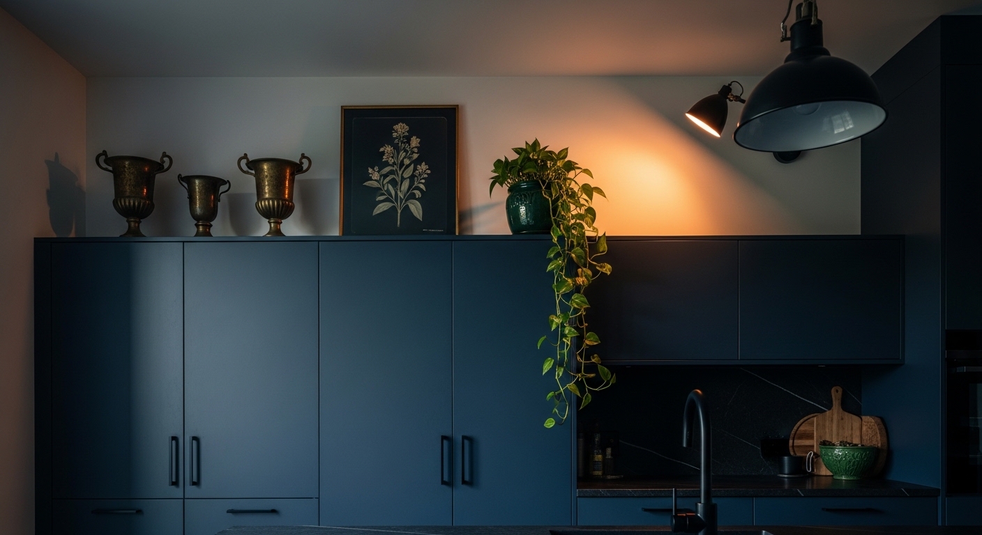 Dark navy kitchen with brass urns and trailing plants above cabinets