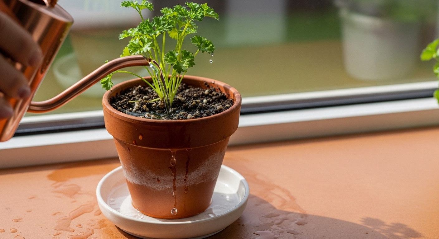 Watering parsley in a terracotta pot on a windowsill