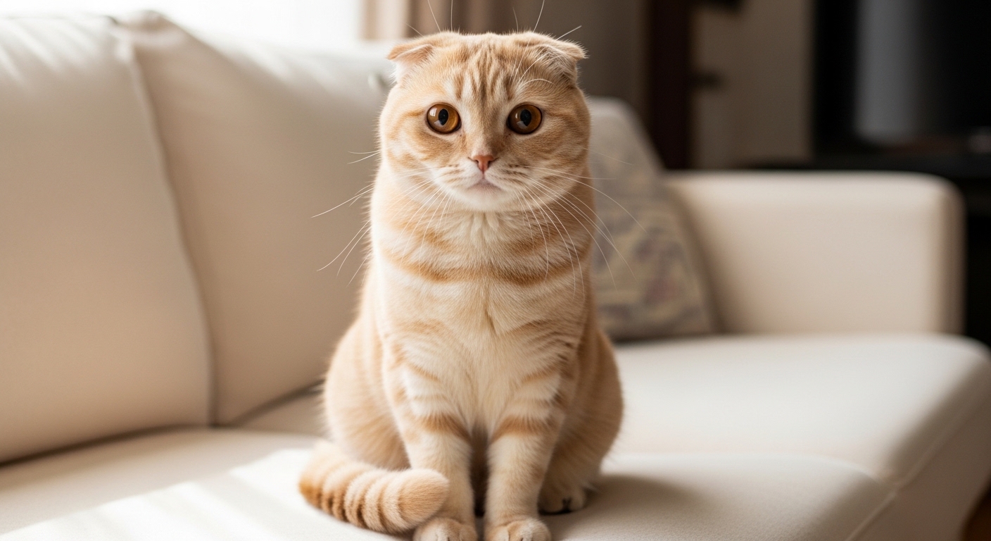 Scottish Fold cat with tightly folded ears on cream sofa