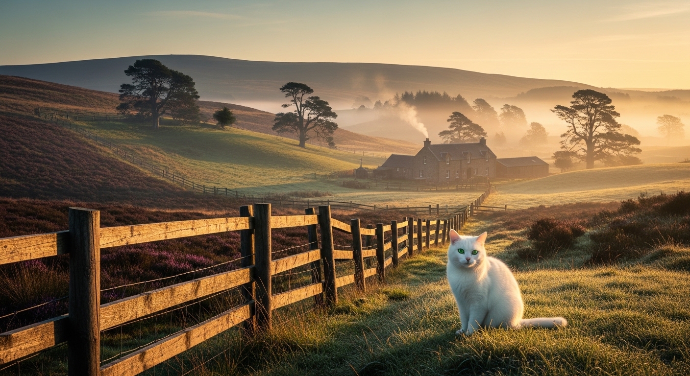 white cat near wooden fence on misty Scottish farm at dawn