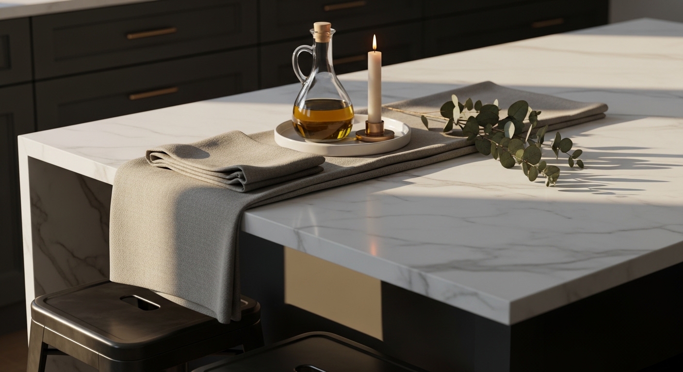 Kitchen island styled with linen runner, ceramic tray, and taper candle