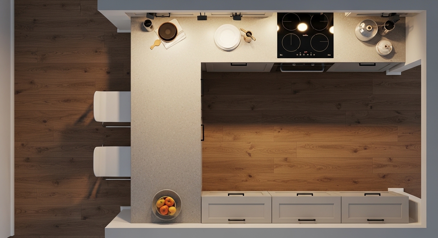 Overhead view of L-shaped kitchen with compact peninsula and bar stools