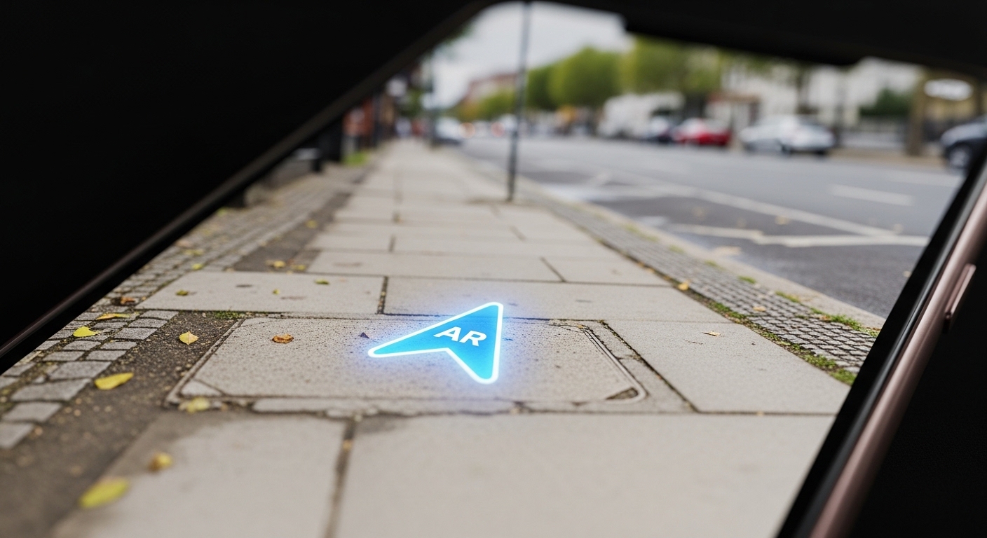 AR navigation arrow overlaid on real city street