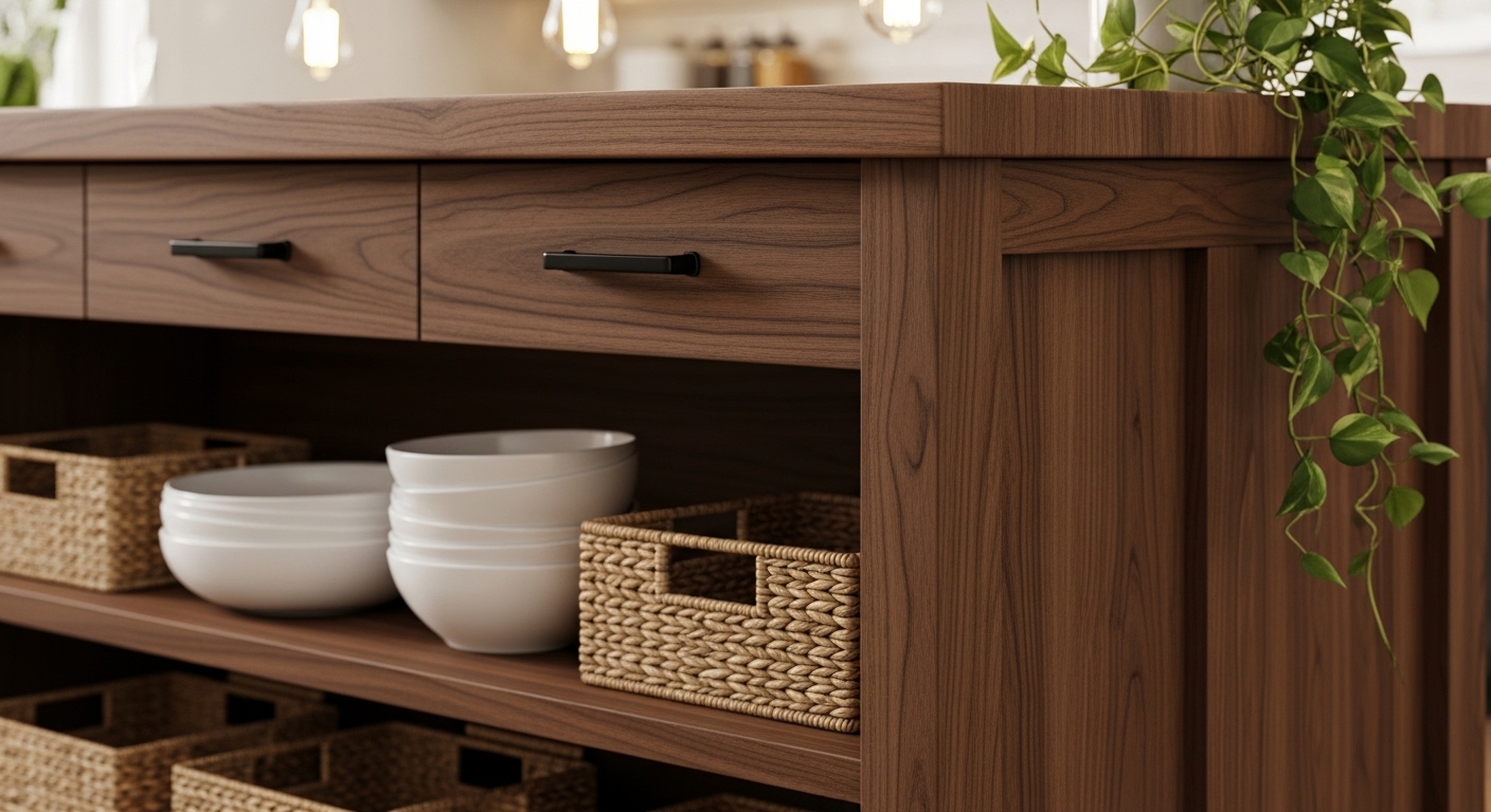 Butcher block island with woven baskets and ceramic bowls on lower shelves