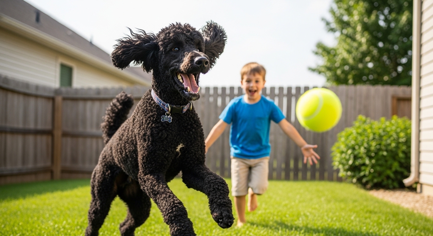 black Standard Poodle playing fetch with child in backyard