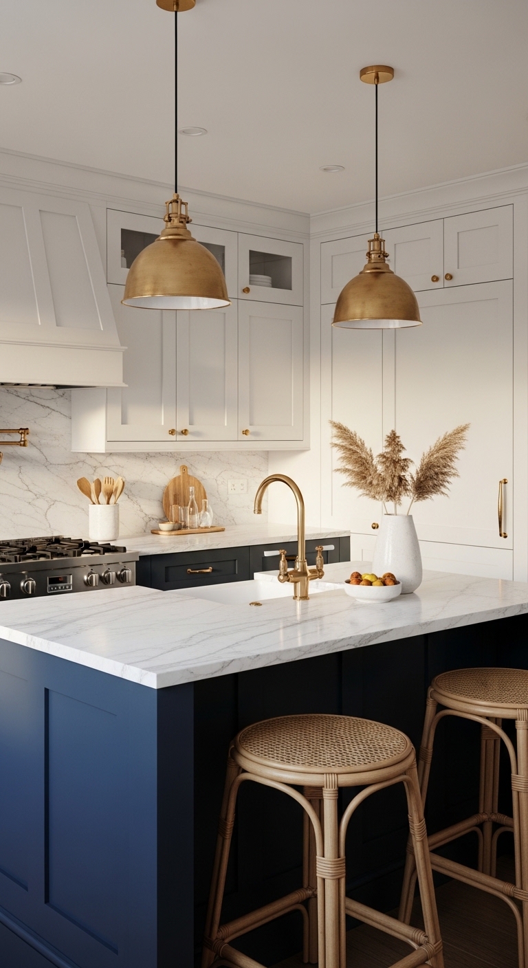 Navy blue kitchen island with rattan stools and brass pendant lights