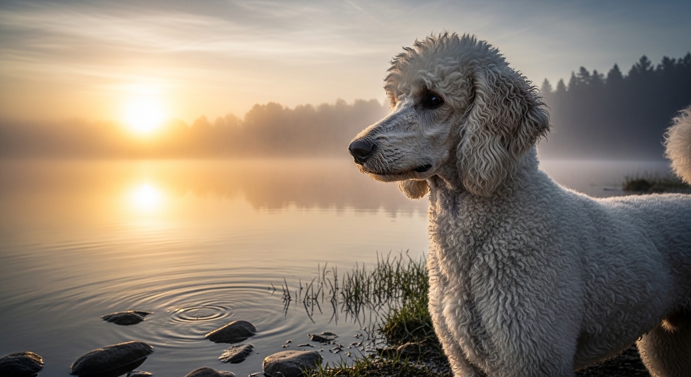 Standard Poodle standing at misty lakeside at dawn