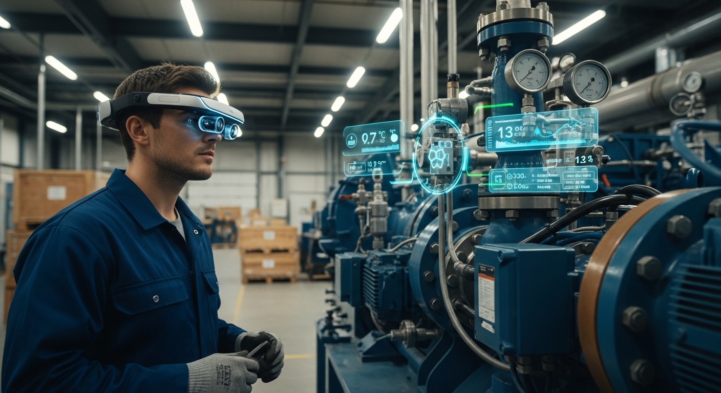 Technician using AR headset to inspect industrial equipment