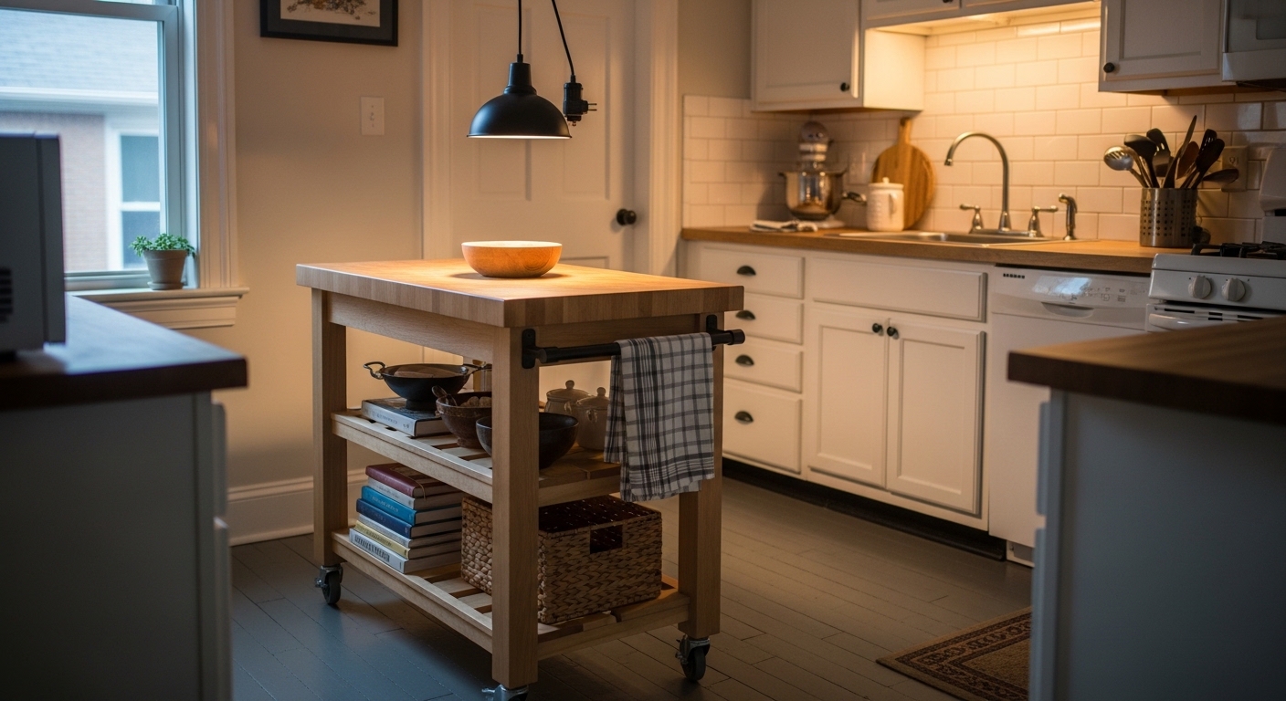 Rolling butcher block island with plug-in pendant and open shelving
