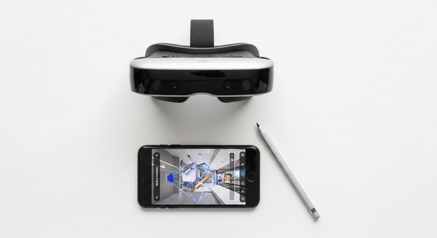 AR headset and smartphone displayed overhead on white surface