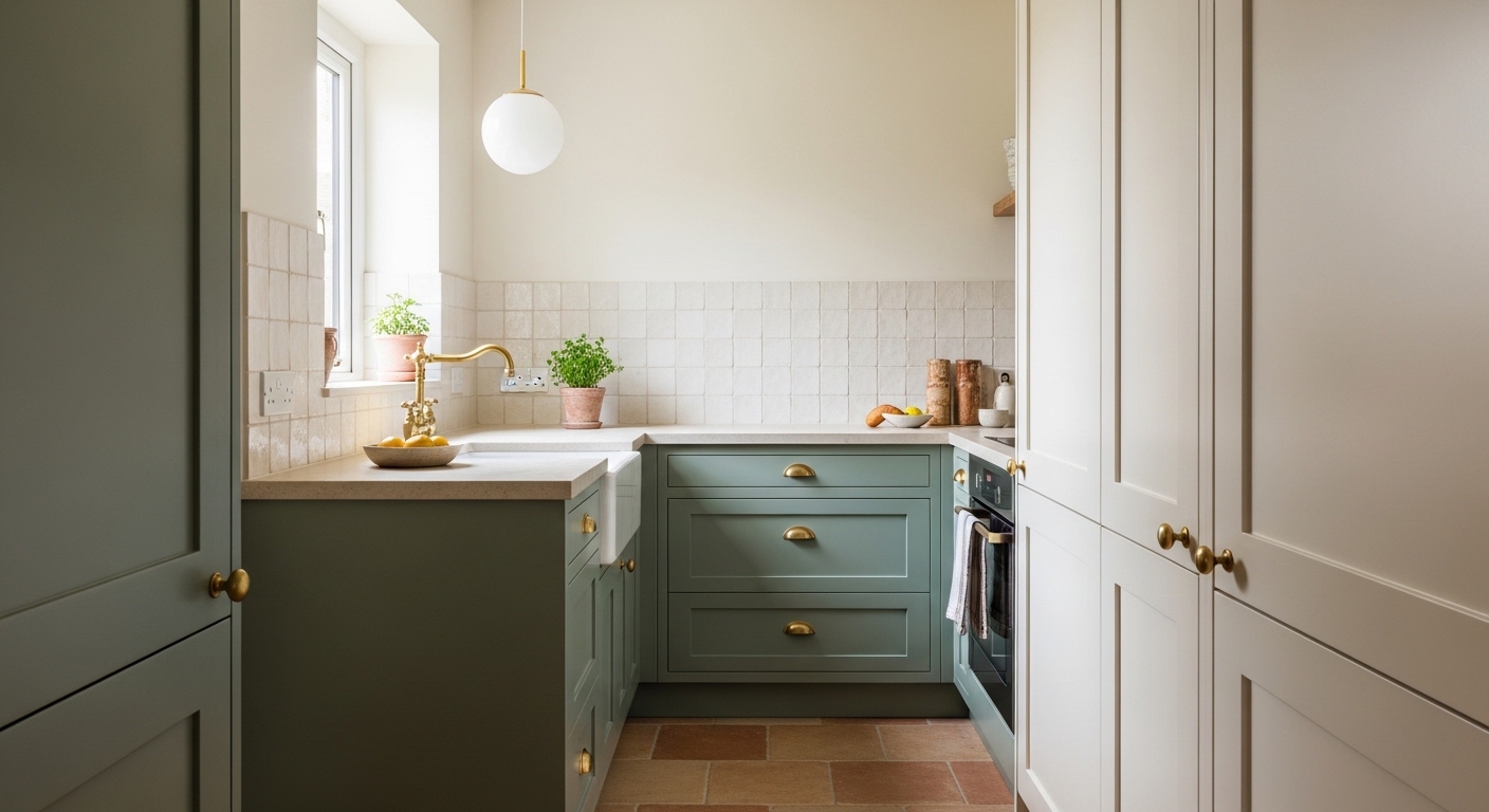 Sage green kitchen peninsula with brass hardware and zellige tile backsplash