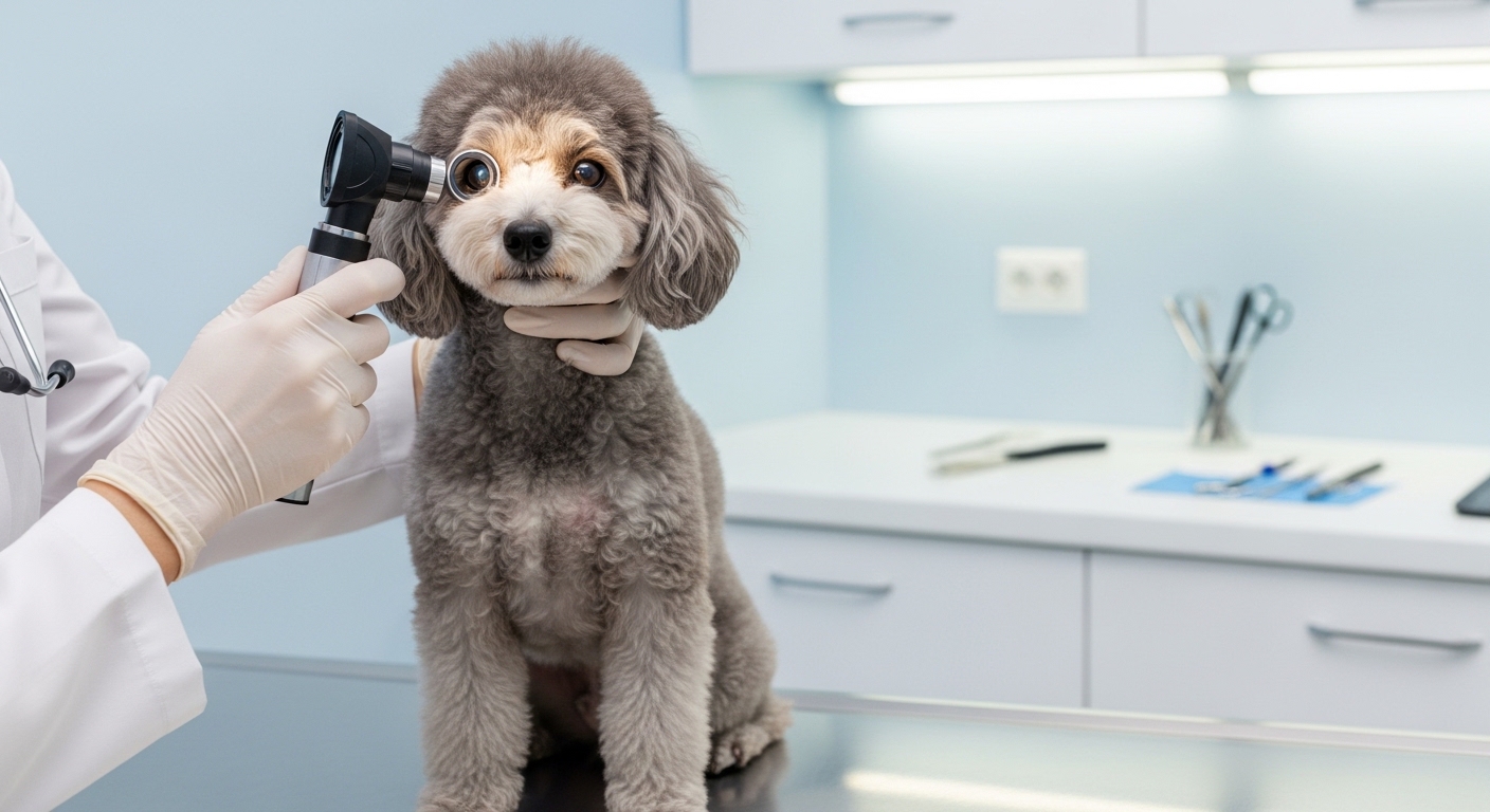 silver Miniature Poodle being examined by veterinarian