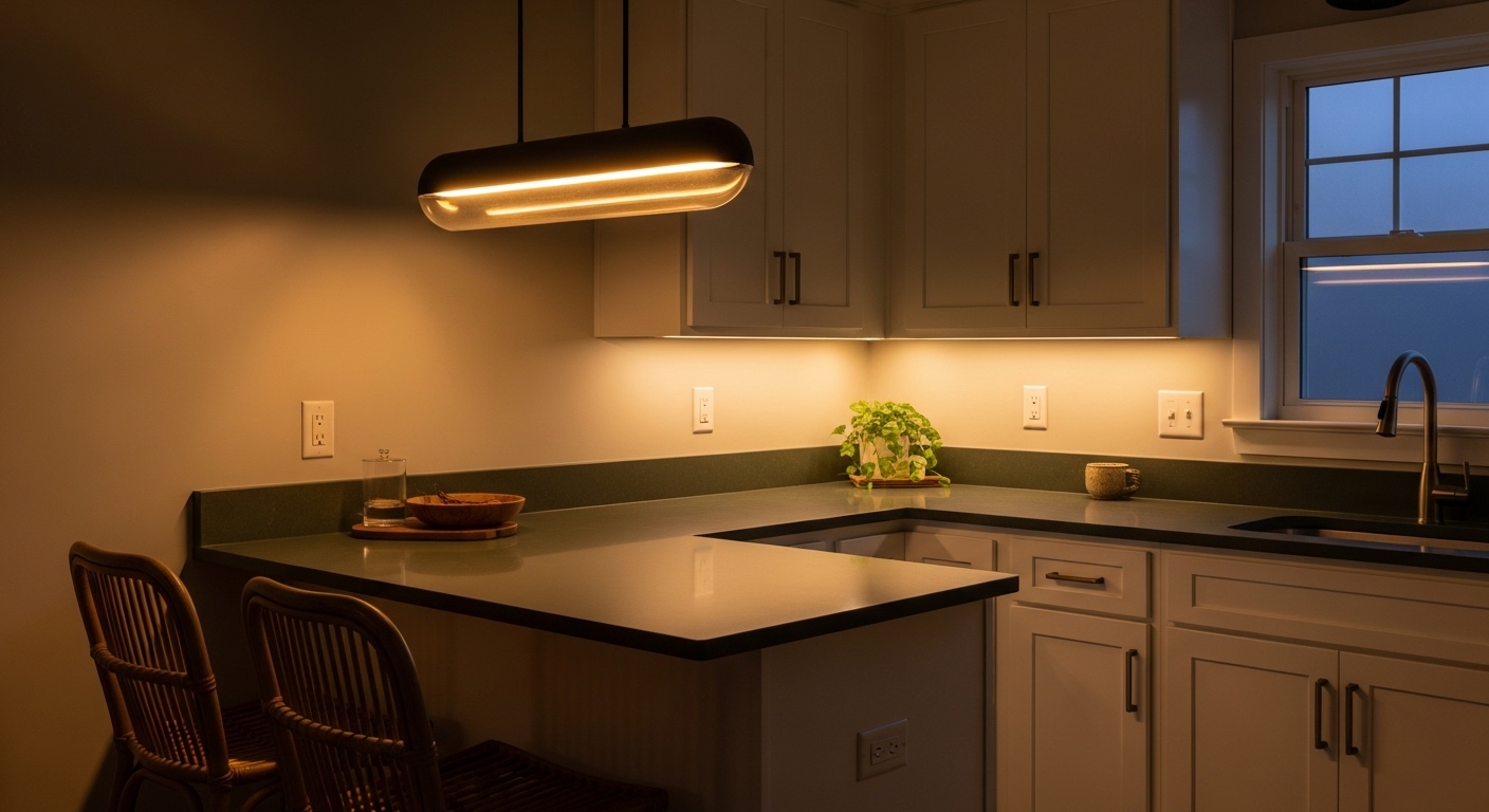 Kitchen peninsula with pendant light and warm LED glow at dusk