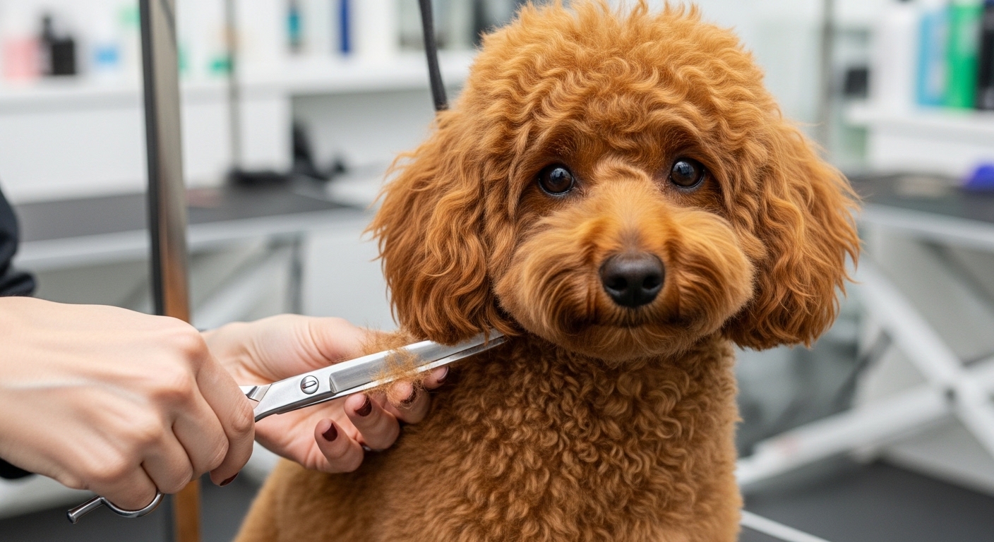 Miniature Poodle being groomed in professional salon