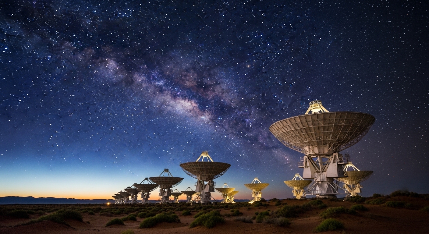 Radio telescope array observing night sky