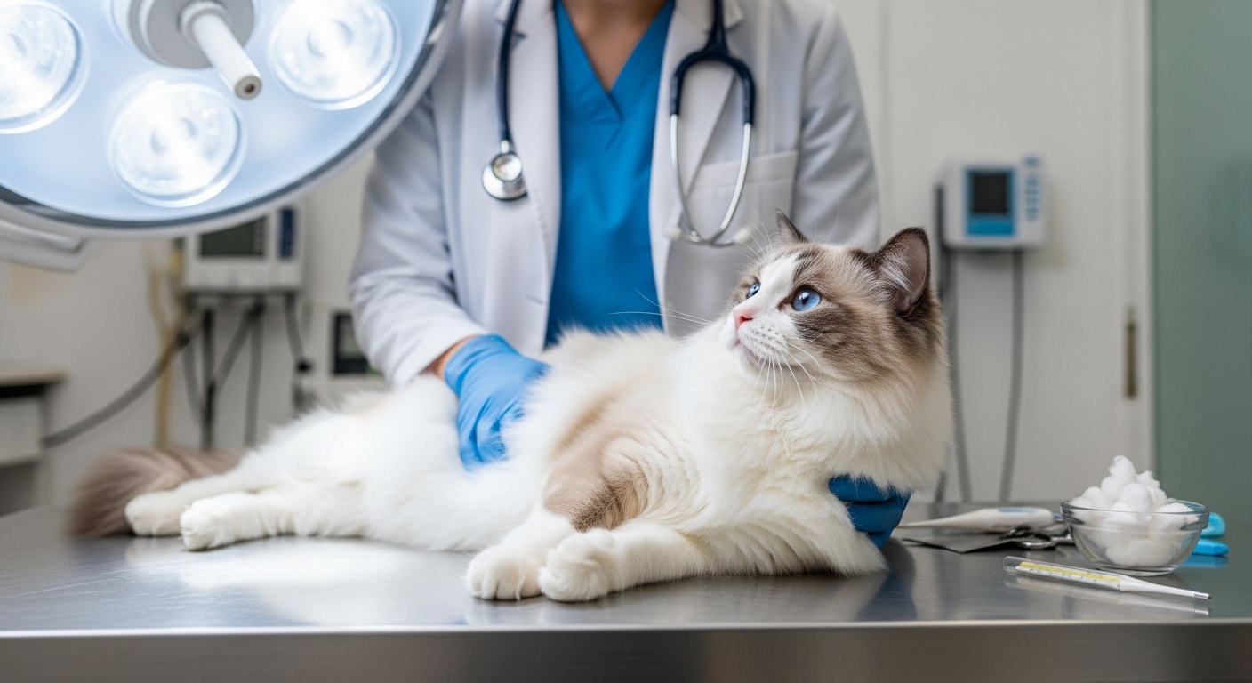 Ragdoll cat calmly examined by veterinarian in clinic